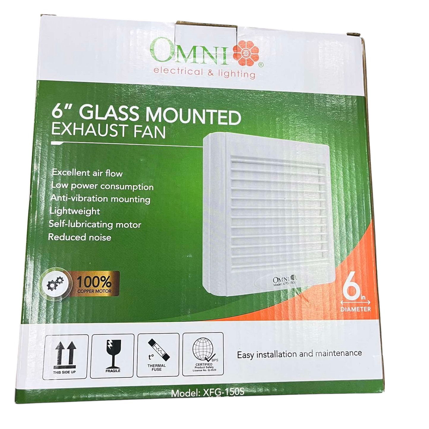 Omni 6 inch glass mounted exhaust fan with low power consumption and anti-vibration mounting