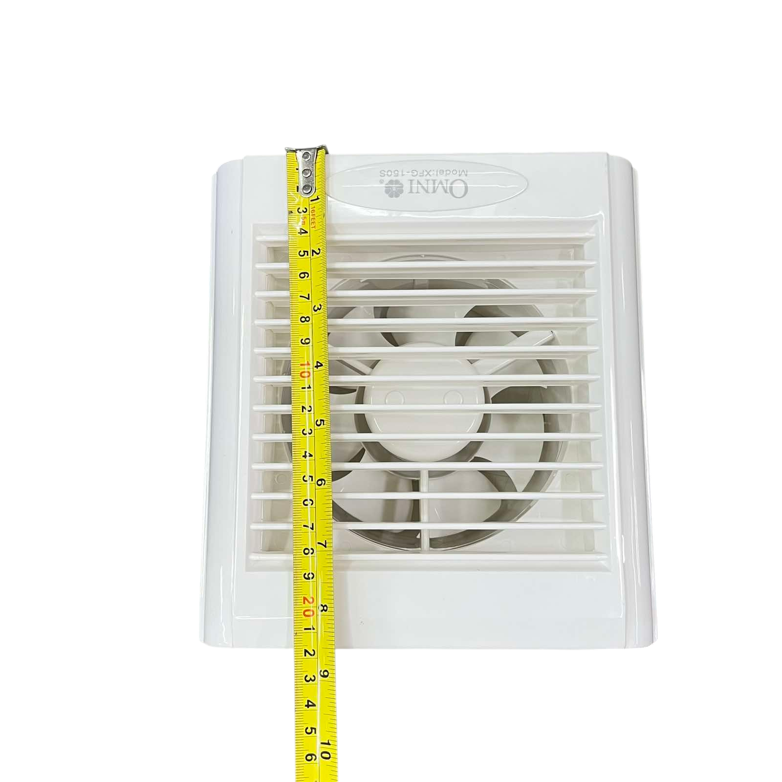 Omni white glass mounted exhaust fan with protective grille and measuring tape showing size