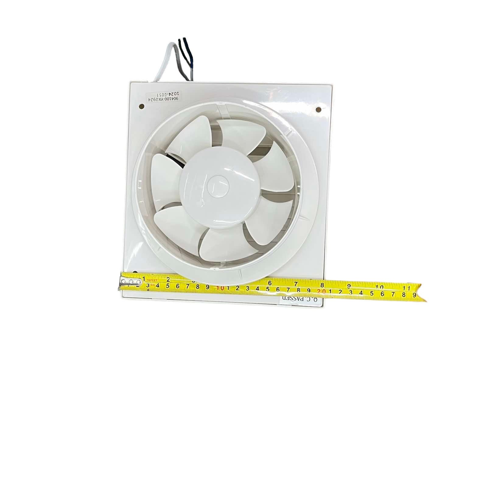 Omni glass mounted exhaust fan with white blades measuring approximately 8 inches in diameter