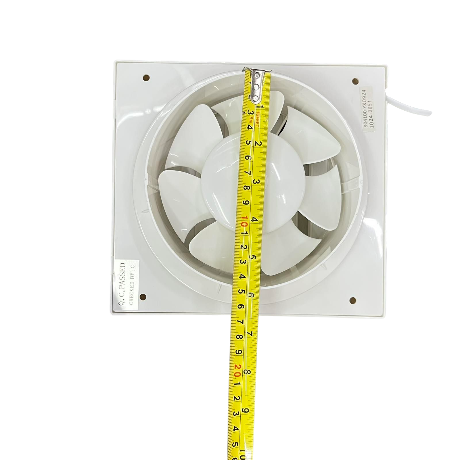 Omni glass mounted exhaust fan with white blades and measuring tape indicating size