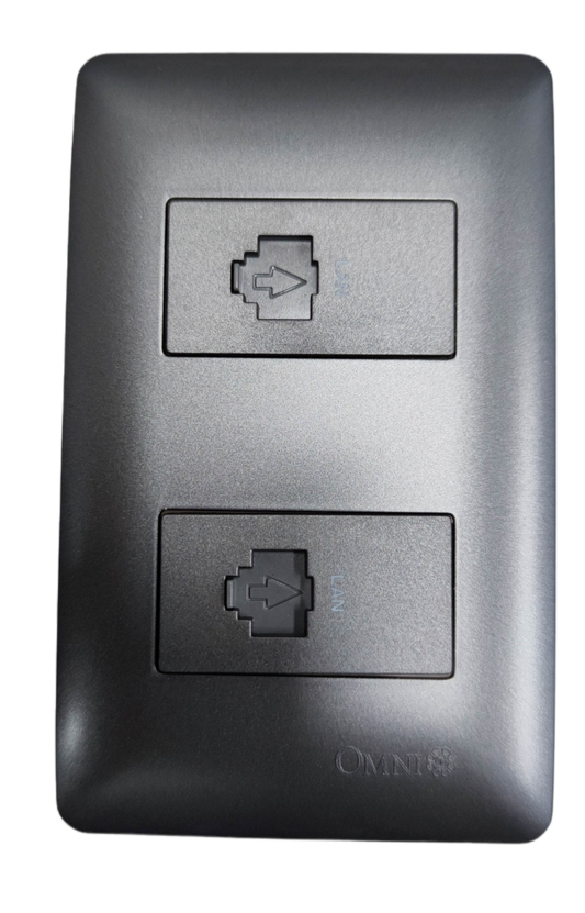 Omni 2 Gang LAN Outlet with Plate metallic gray wall plate showing two covered Ethernet ports