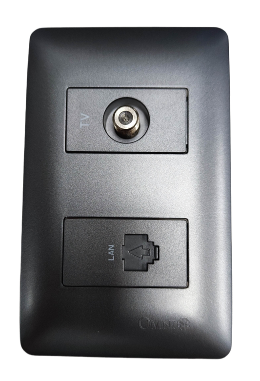 Omni graphite LAN and cable TV outlet wall plate with coax TV connector and covered RJ45 LAN port