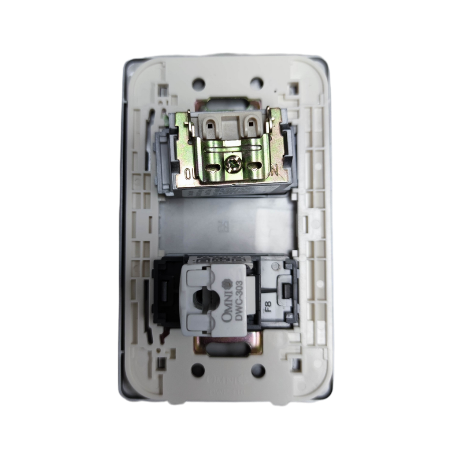 Omni graphite LAN and cable TV outlet dual module wall plate showing internal mounting frame and connectors