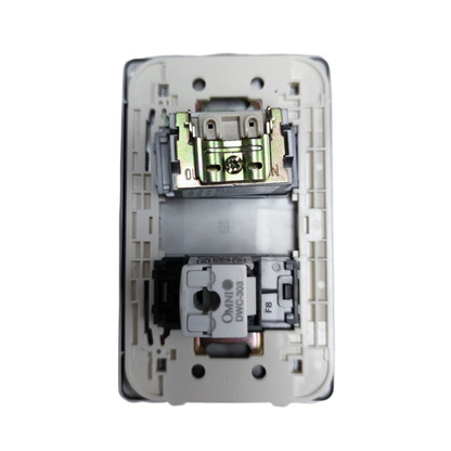 Omni graphite LAN and cable TV outlet dual module wall plate showing internal mounting frame and connectors