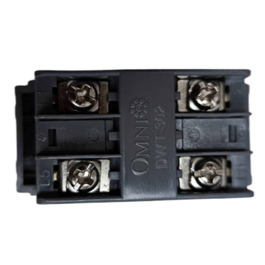 Omni graphite telephone wall jack module with four screw terminals close up for residential wiring