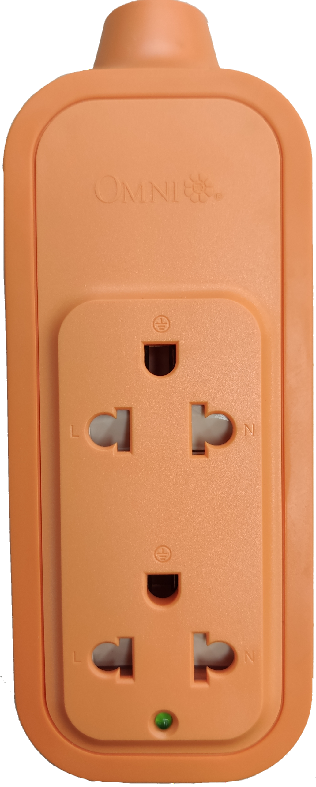 Omni heavy duty extension outlet in orange with two universal power sockets and green indicator light