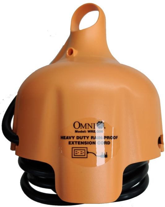 Omni heavy duty rain-proof extension cord with orange protective casing and built-in handle