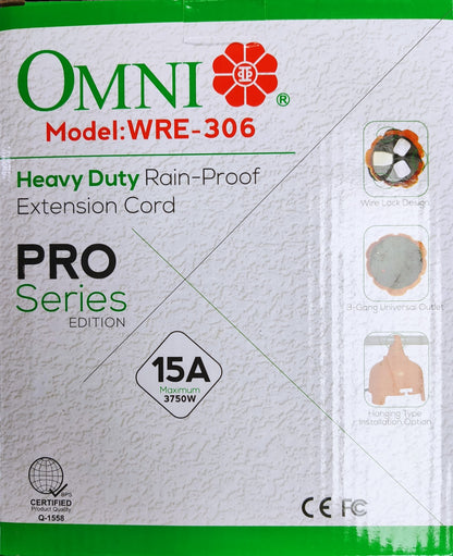 Omni heavy duty rain-proof extension cord WRE-306 model packaging with 15A maximum power rating