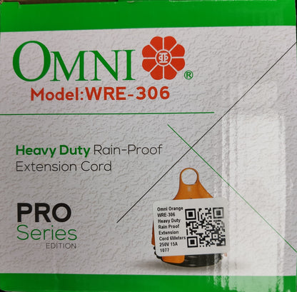 Omni heavy duty rain-proof extension cord WRE-306 Pro Series model packaging with product details