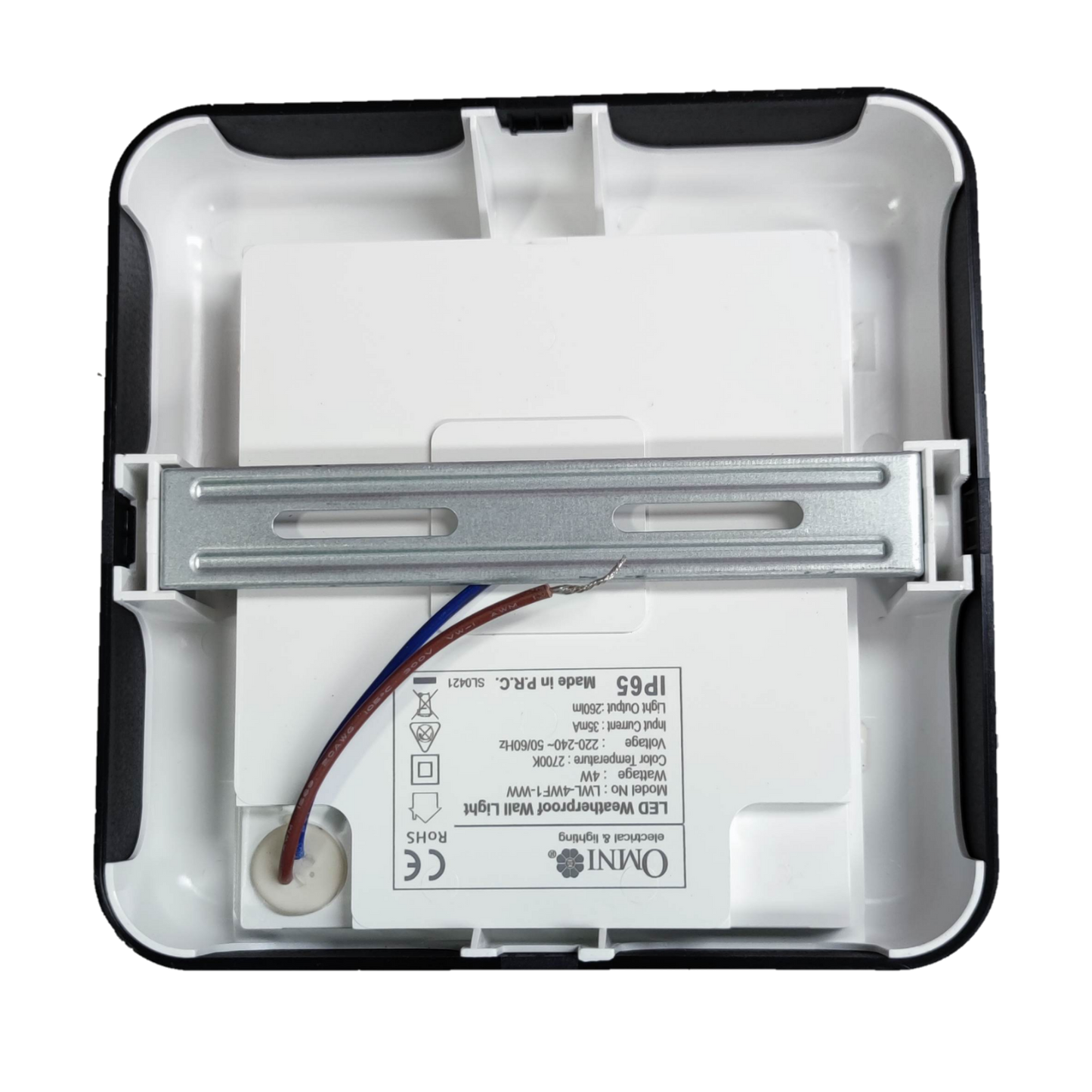 Back view of Omni IP65 outdoor LED wall lamp 2700K showing installation components and wiring