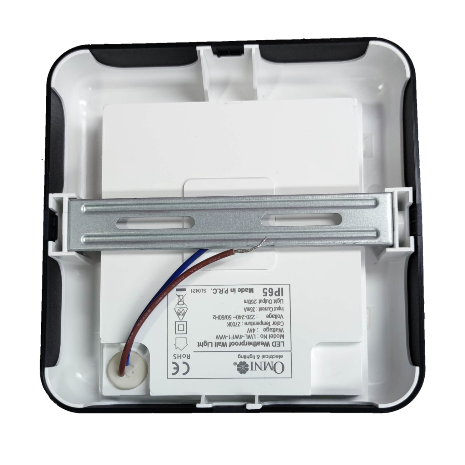 Back view of Omni IP65 outdoor LED wall lamp 2700K showing installation components and wiring