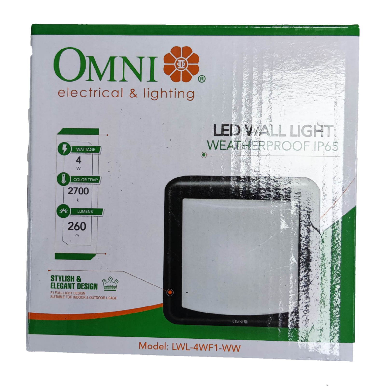 Omni IP65 outdoor LED wall lamp 2700K packaging showing stylish design and energy details