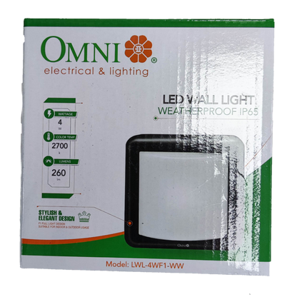 Omni IP65 outdoor LED wall lamp 2700K packaging showing stylish design and energy details