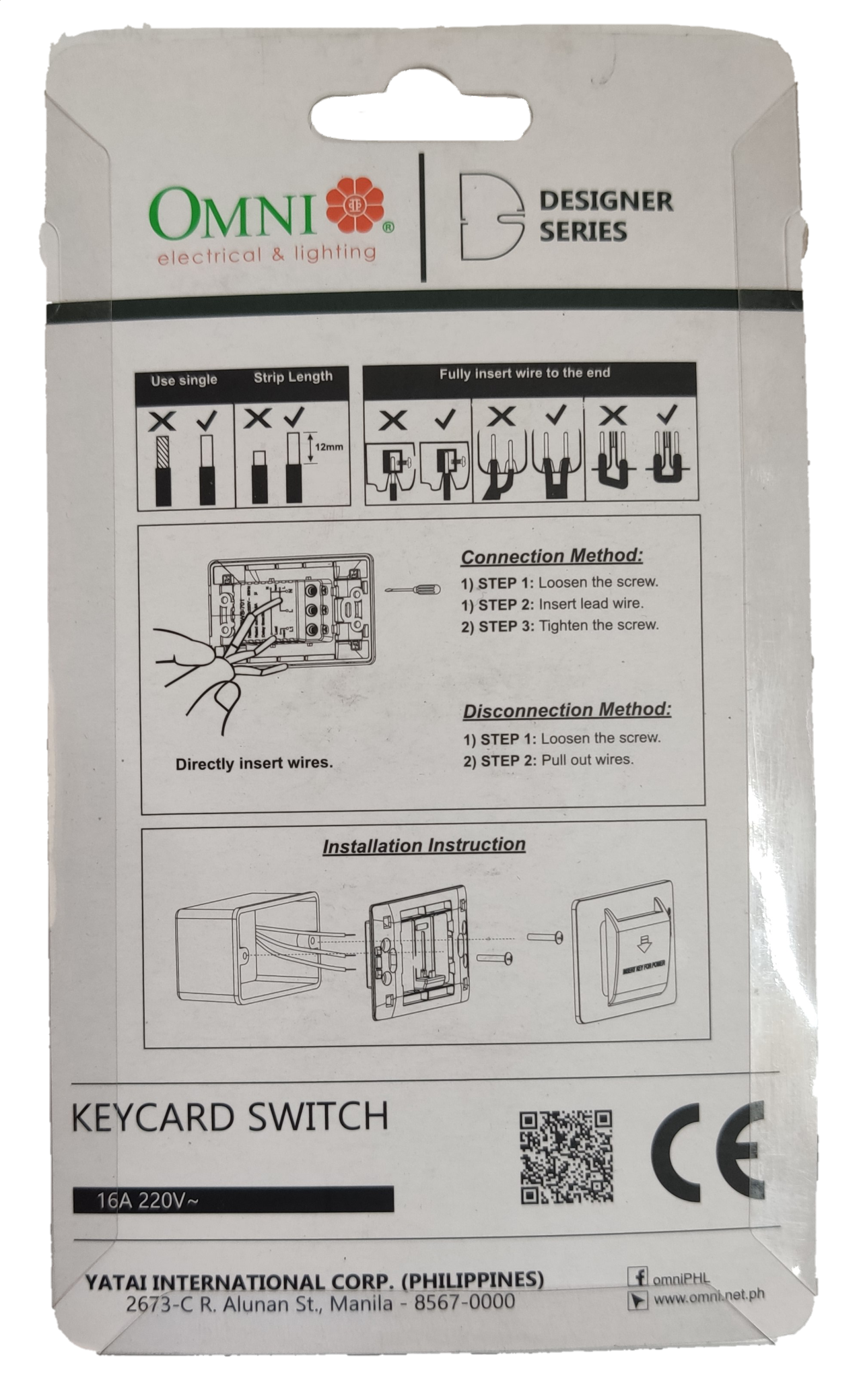 Omni key card switch 16A 220V packaging with installation instructions and connection details