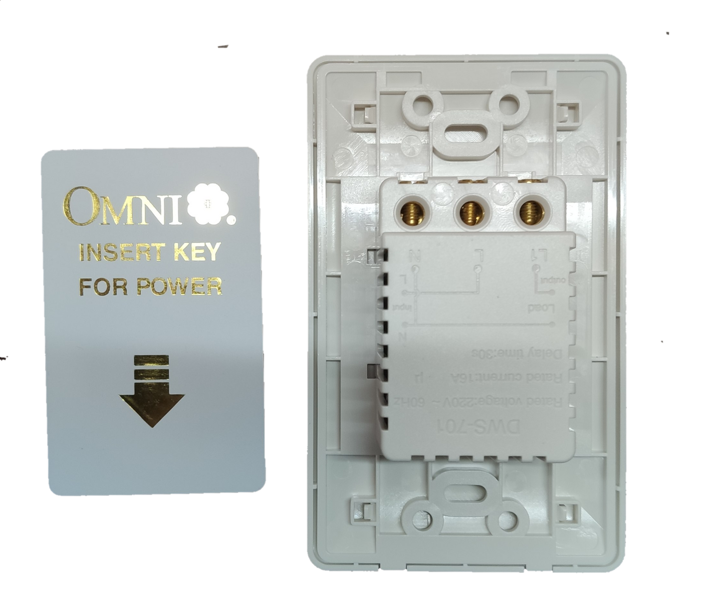 Omni key card switch 16A 220V with white frame and keycard for easy power control
