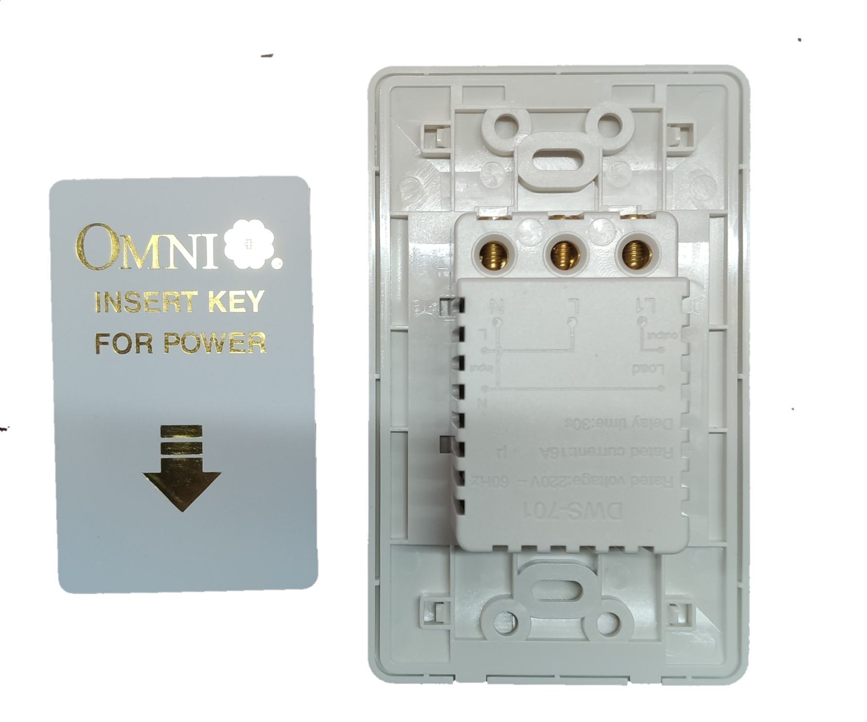 Omni key card switch 16A 220V with white frame and keycard for easy power control