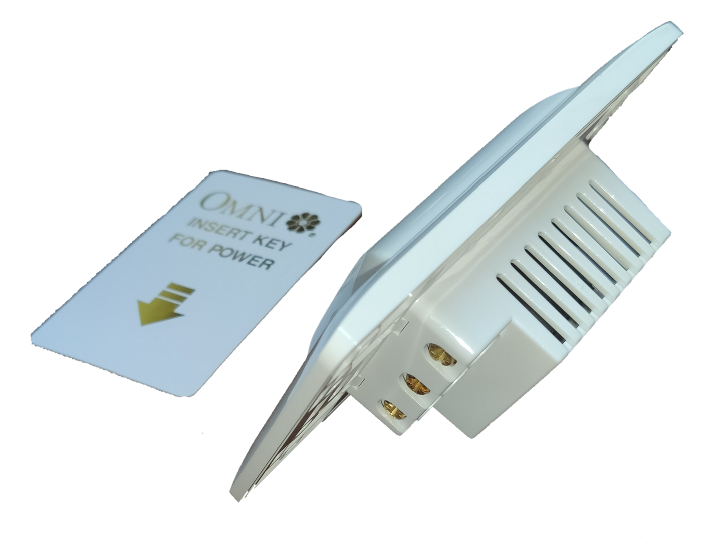 Omni key card switch 16A 220V with a card for power activation and sleek wall design