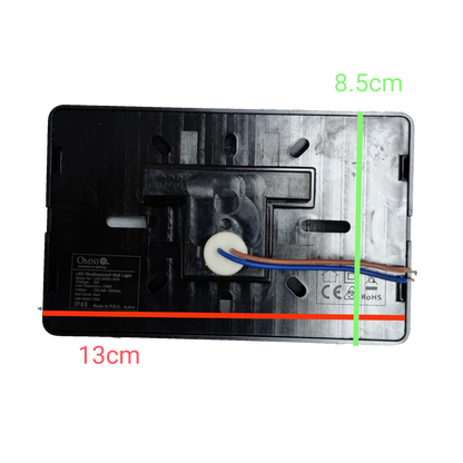 Omni LED wall light IP65 LWL-3WS1-WW back view with wiring and mounting dimensions of 8.5cm by 13cm