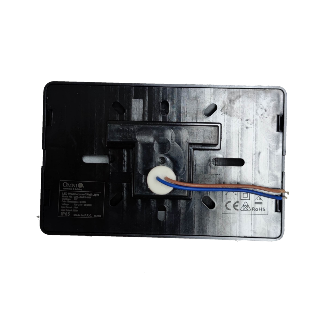 Back view of Omni LED wall light IP65 LWL-3WS1-WW showing wiring and mounting details