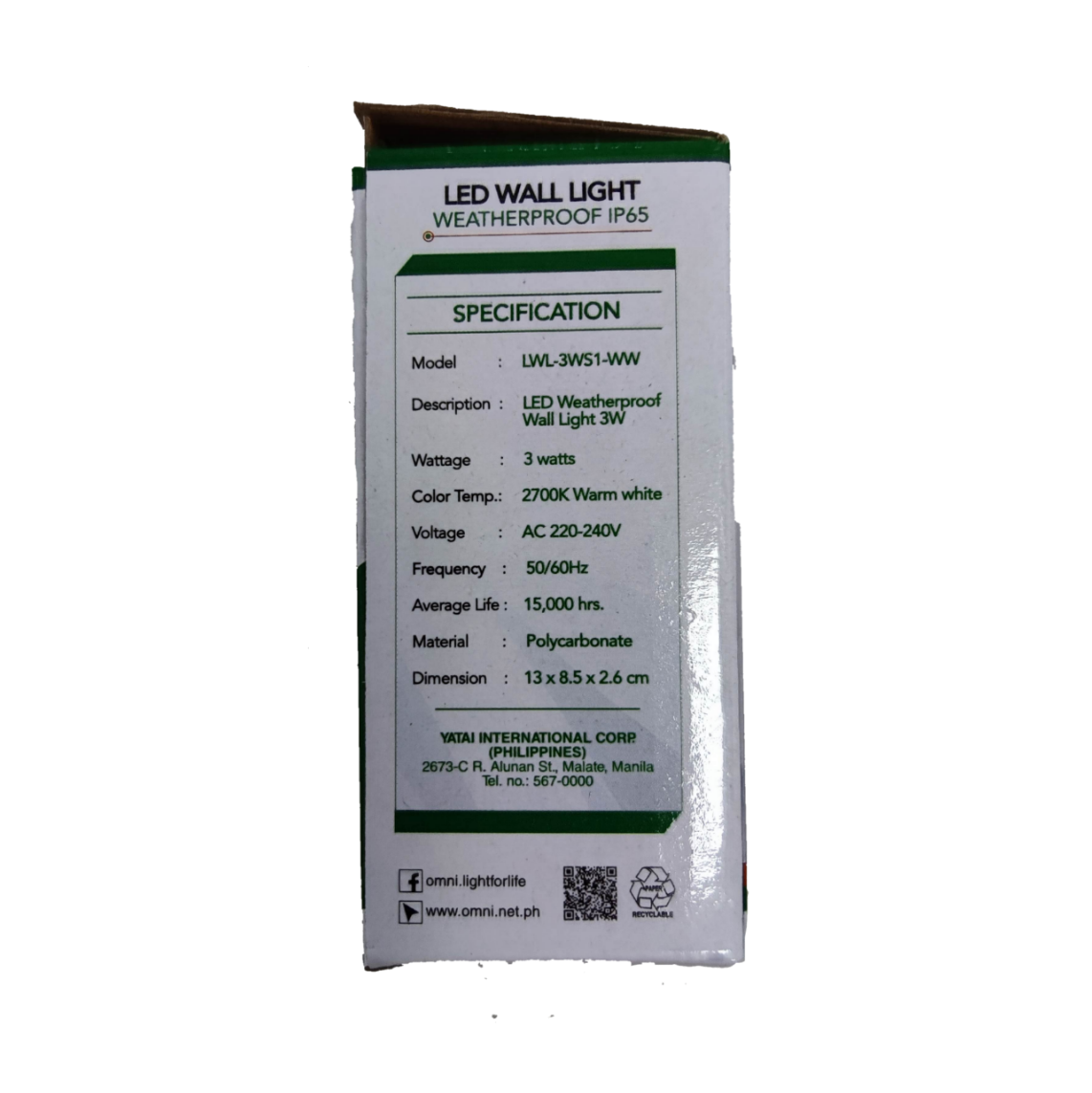 Omni LED wall light IP65 LWL-3WS1-WW with 3W power and weatherproof design for outdoor use