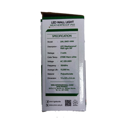 Omni LED wall light IP65 LWL-3WS1-WW with 3W power and weatherproof design for outdoor use