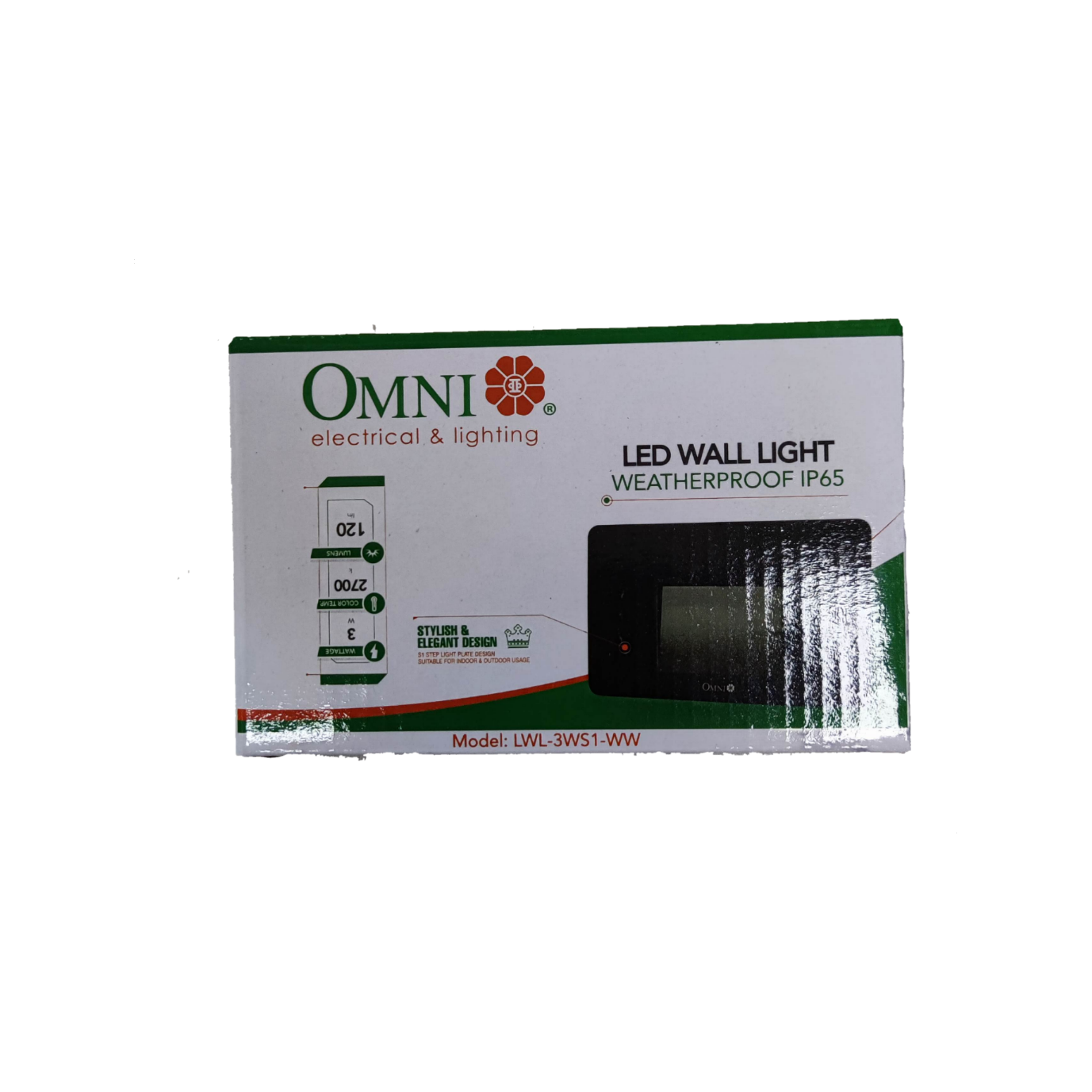 Omni LED wall light IP65 LWL-3WS1-WW packaging featuring elegant design and waterproof features