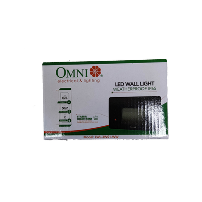 Omni LED wall light IP65 LWL-3WS1-WW packaging featuring elegant design and waterproof features