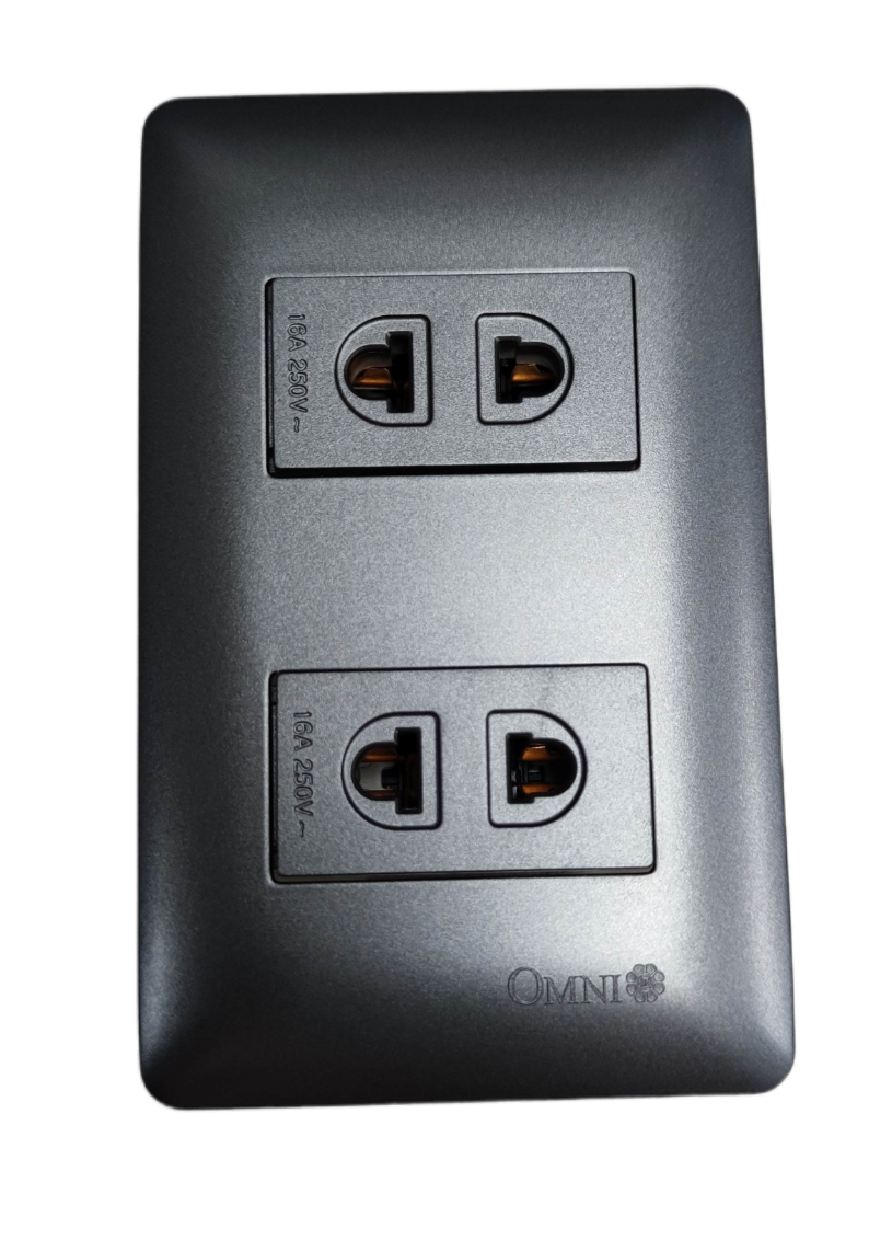 Omni 2 gang universal outlet gray dual stacked wall plate with two universal sockets for home and office