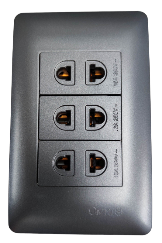 Omni 3 gang universal outlet silver wall plate with three vertically stacked universal sockets and Omni logo