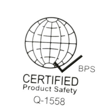 Omni 3 gang universal outlet certification mark showing globe with check and text CERTIFIED Product Safety Q1558