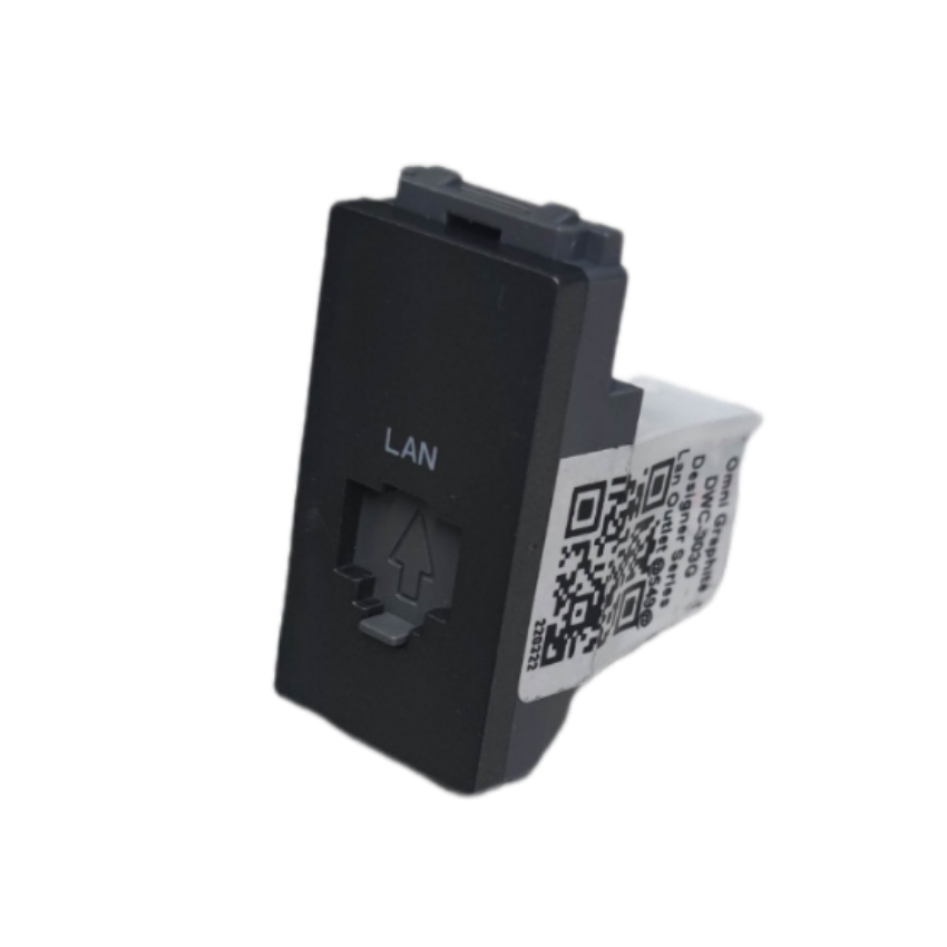 Black Omni LAN outlet device single port wall network module with LAN label and RJ45 opening
