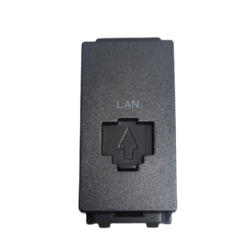 Omni LAN outlet device black modular wall plate insert with labeled LAN port and arrow symbol
