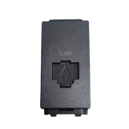 Omni LAN outlet device black modular wall plate insert with labeled LAN port and arrow symbol
