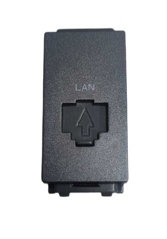 Omni LAN outlet device black modular wall plate insert with labeled LAN port and arrow symbol