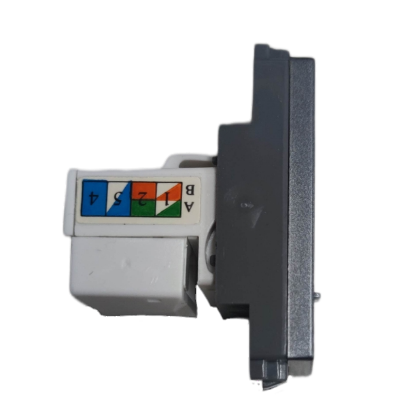 Omni LAN outlet device side view showing RJ45 keystone jack with color coded wiring diagram and silver faceplate