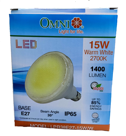 Omni PAR 38 LED 15W warm white bulb with E27 base and 1400 lumens for energy-efficient lighting