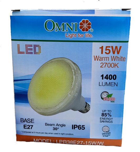 Omni PAR 38 LED 15W warm white bulb with E27 base and 1400 lumens for energy-efficient lighting
