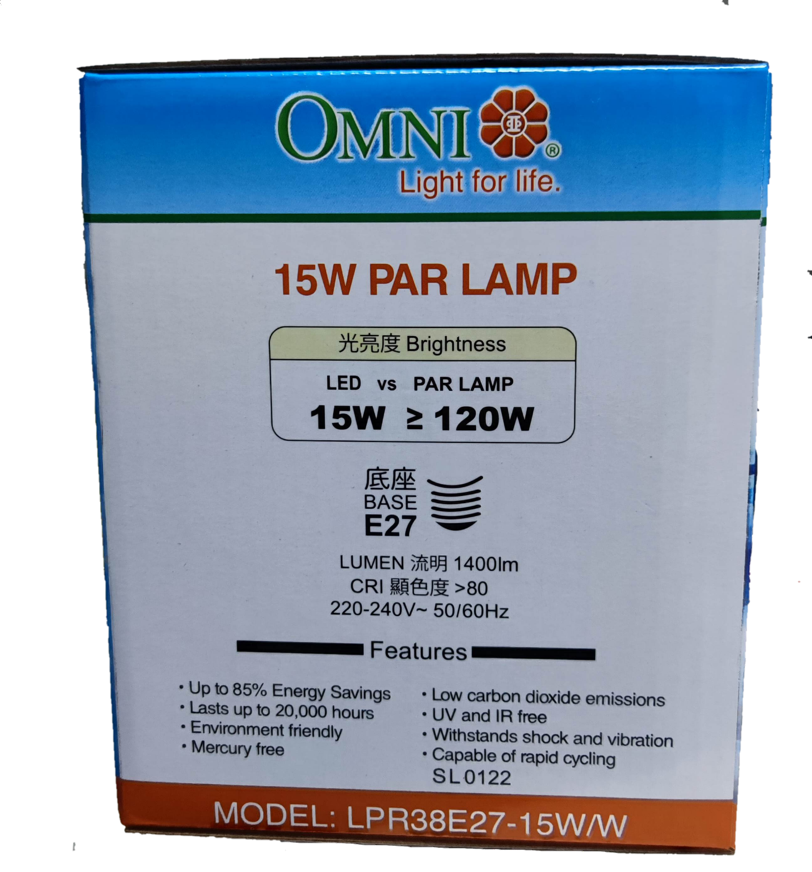 Omni PAR 38 LED 15W warm white bulb packaging with energy-saving features and specifications