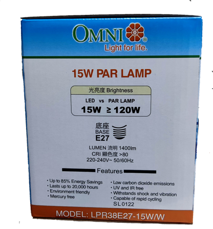 Omni PAR 38 LED 15W warm white bulb packaging with energy-saving features and specifications