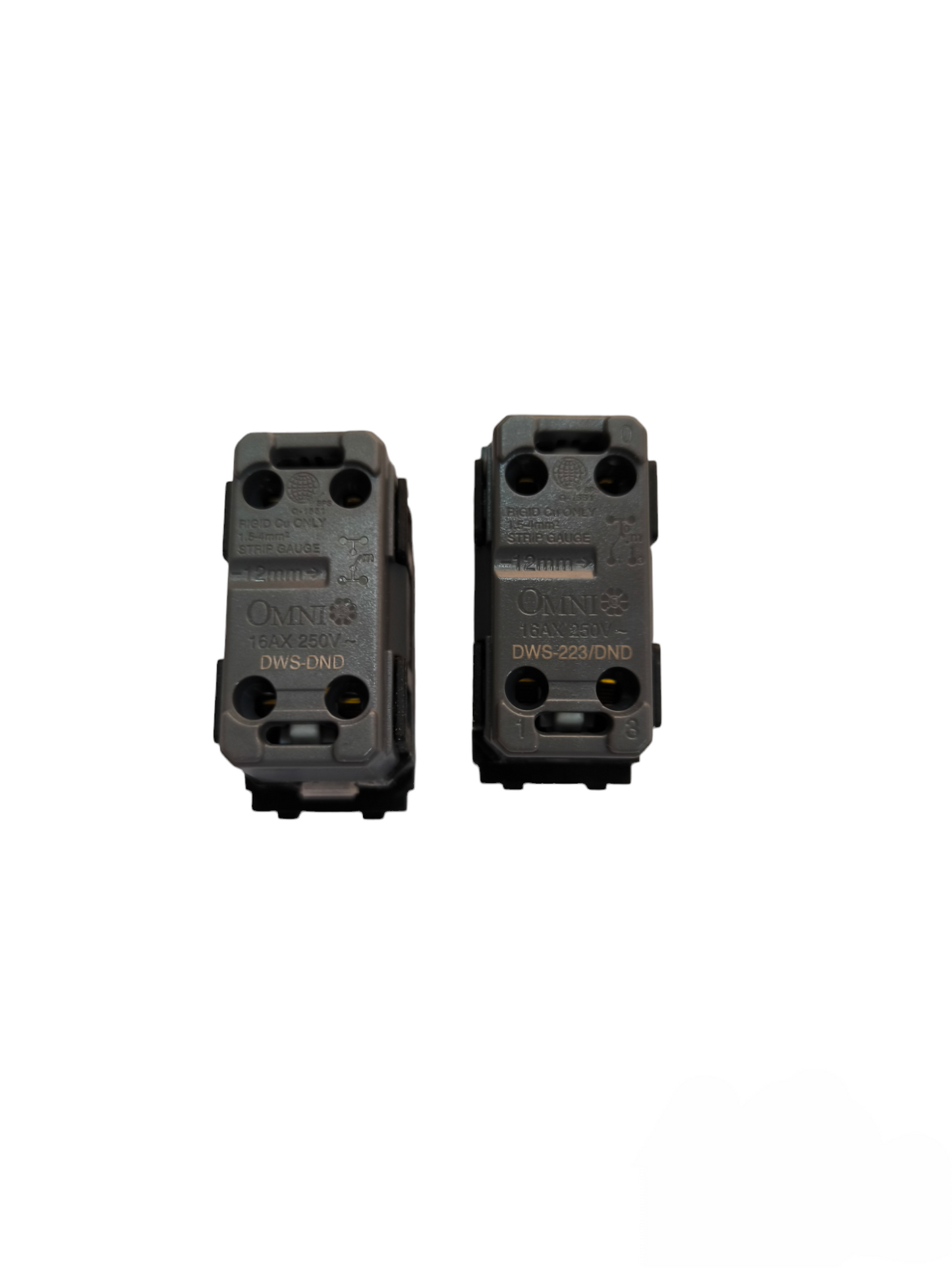 Black Omni power point switch components with multiple screw holes for electrical connections