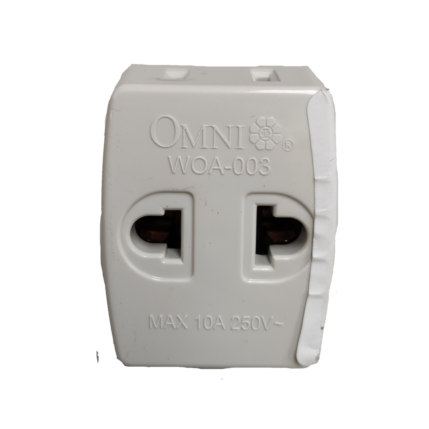 Omni triple tap adapter 10A 250V with two outlets for convenient power access