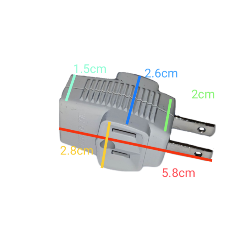 Omni triple top adaptor 10A 250V shown with measurements for size reference and design details
