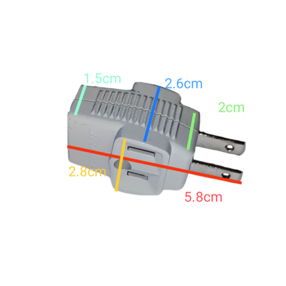 Omni triple top adaptor 10A 250V shown with measurements for size reference and design details