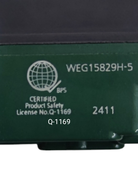 Panasonic certified universal duplex outlet 220v with product safety license Q-1169 label close-up