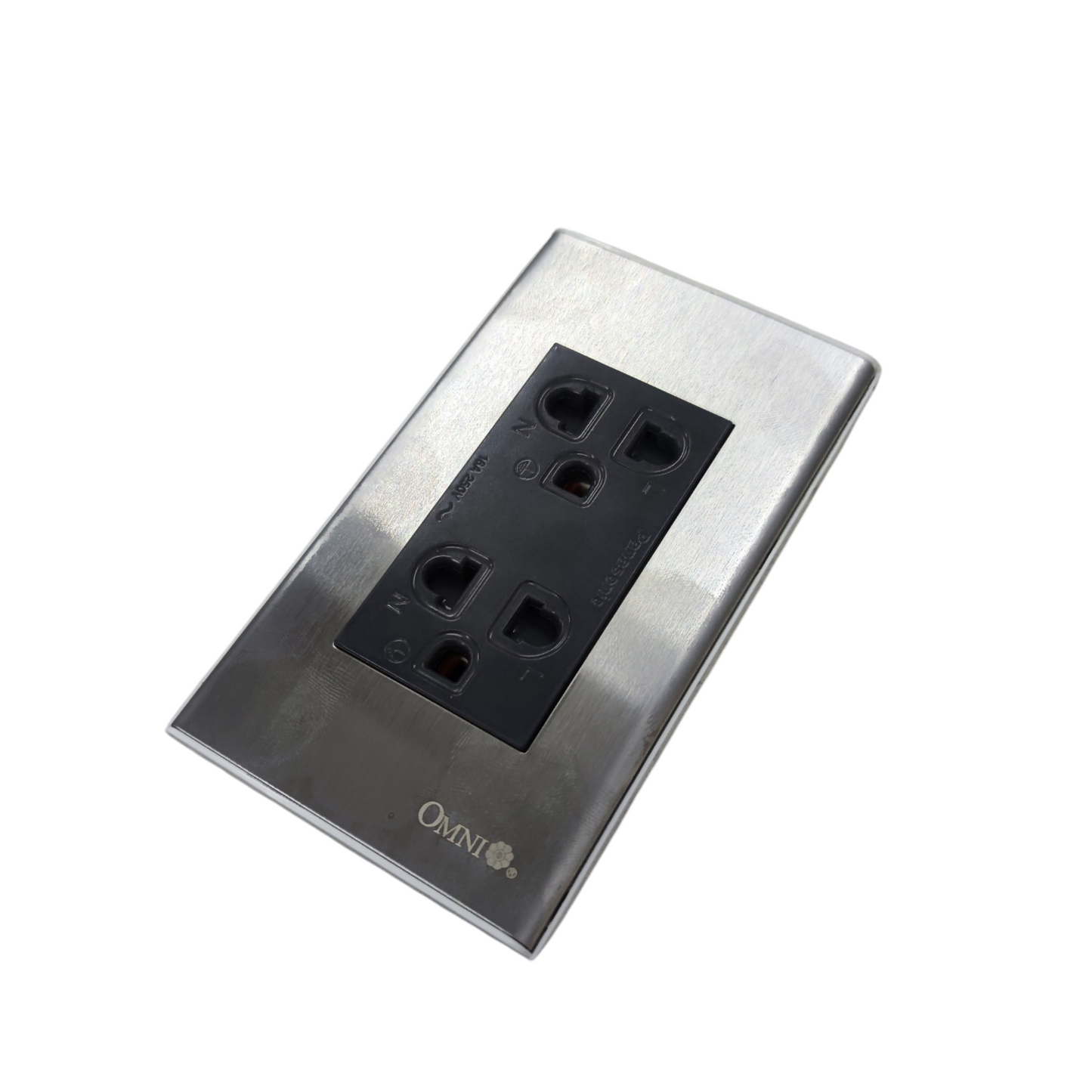 Omni branded universal duplex outlet 220v with stainless steel faceplate for power points and switches