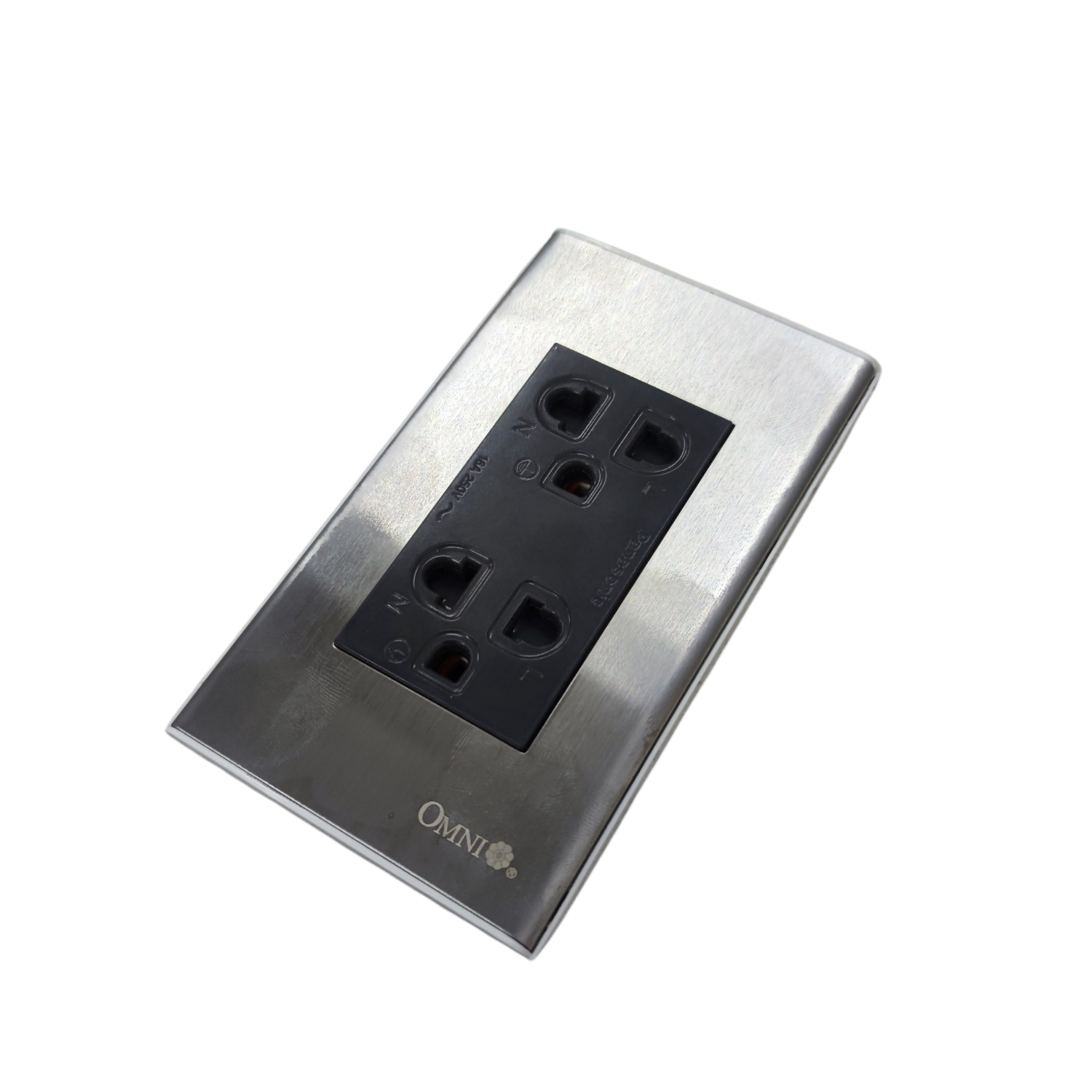 Omni branded universal duplex outlet 220v with stainless steel faceplate for power points and switches