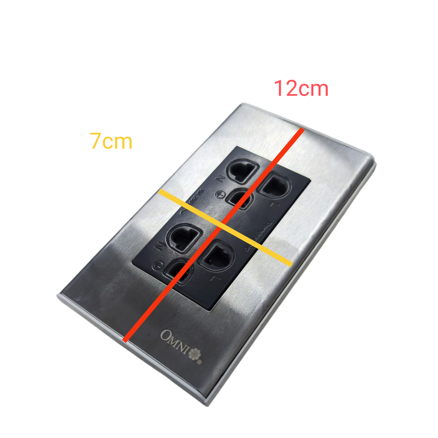 Omni universal duplex outlet 220v with stainless steel faceplate measuring 12 by 7 centimeters