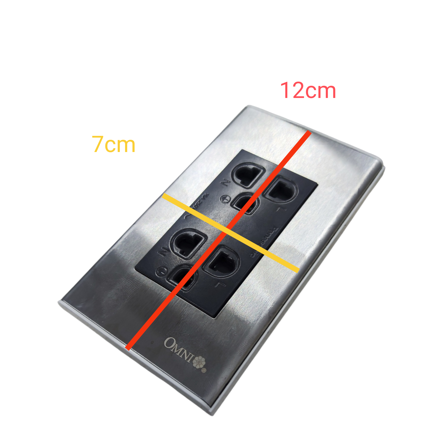 Omni universal duplex outlet 220v with stainless steel faceplate measuring 12 by 7 centimeters