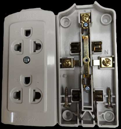 Omni universal outlet 2 gang white power point showing front and internal wiring components