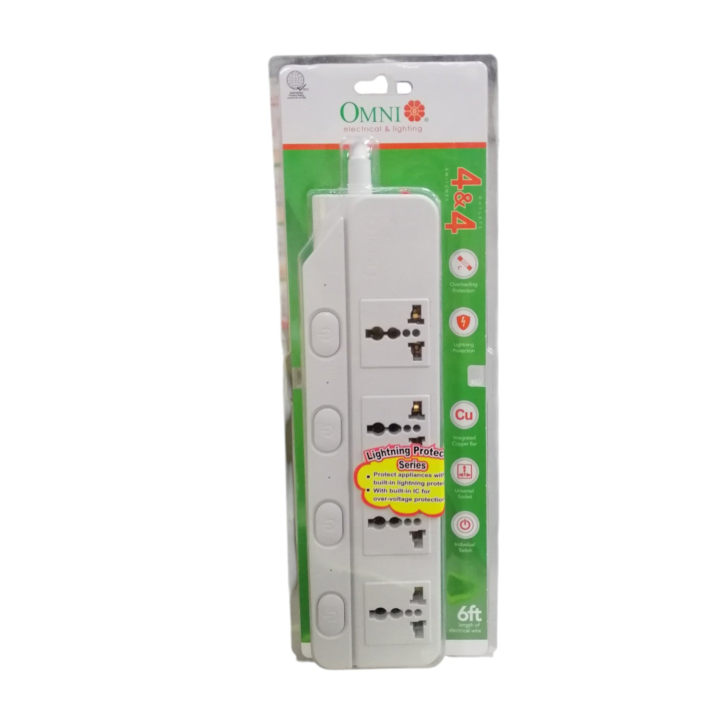 Omni universal power strip with individual switches white 4 outlet surge protector in retail packaging